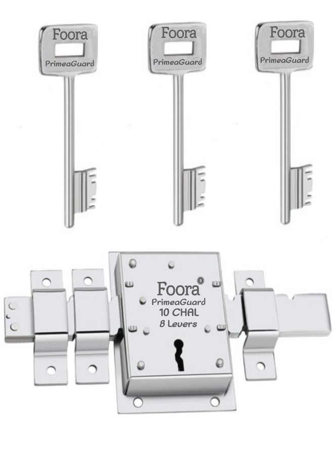 Foora PrimeGuard 10 Chal Main Gate Lock - 8 Lever, Silver Finish, High-Security Double Sided Lock for Main Gates, Doors, Home & Commercial Use, Extra Key Included - Image 1